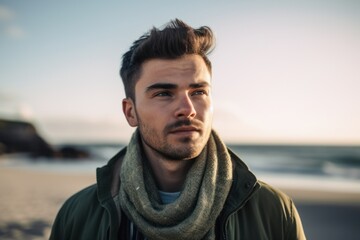 Obraz na płótnie Canvas Medium shot portrait photography of a pleased man in his 20s wearing a cozy sweater against an island or beach paradise background. Generative AI
