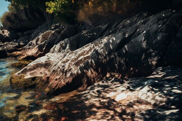Fototapeta na wymiar A cliff shadows a watercolor-made rocky beach. Generative AI
