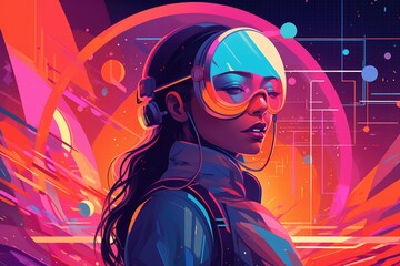 Abstract and retro futuristic robot woman illustration with multiple color laser neon effect. Generative AI