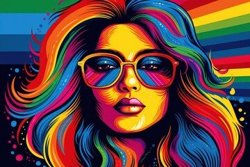 Fototapeta na wymiar Pride month and LGBTQ awareness illustration. Colorful rainbow woman portrait with Generative AI