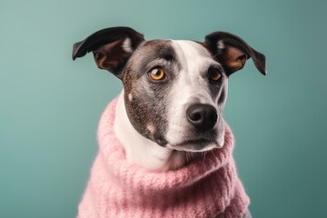 Funny dog in a pink knitted scarf on a blue background