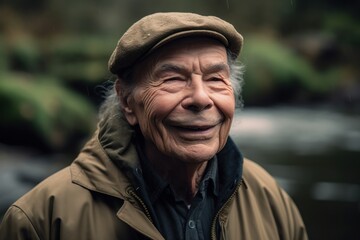 Obraz premium Portrait of an elderly asian man in raincoat at the river