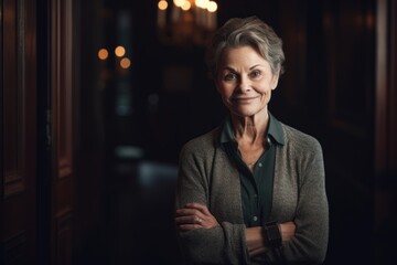 Portrait of a smiling senior woman standing with arms crossed in a restaurant