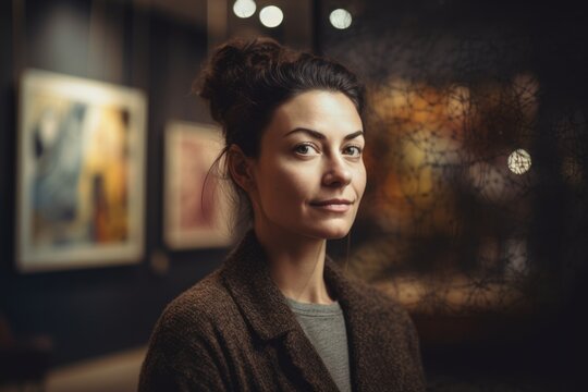Medium shot portrait photography of a satisfied woman in her 30s wearing a cozy sweater against an art gallery or museum background. Generative AI