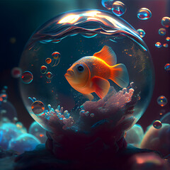 Naklejka na ściany i meble 3d illustration of a goldfish in a glass aquarium with bubbles