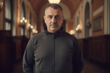 Obraz premium Group portrait photography of a satisfied man in his 50s wearing a comfortable tracksuit against a victorian or historical interior background. Generative AI
