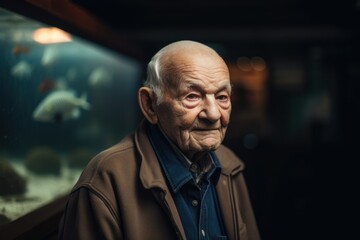 Environmental portrait photography of a pleased elderly man in his 90s wearing a denim jacket against an aquarium or underwater background. Generative AI