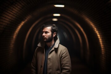 Fototapeta na wymiar Environmental portrait photography of a pleased man in his 30s wearing a cozy sweater against a tunnel or underground passage background. Generative AI