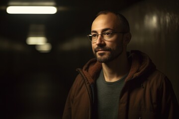 Portrait of a handsome young man with beard and glasses in a dark tunnel