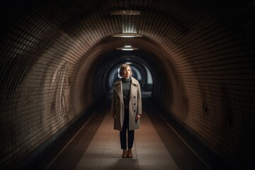 Beautiful woman in a gray coat standing in a dark tunnel.