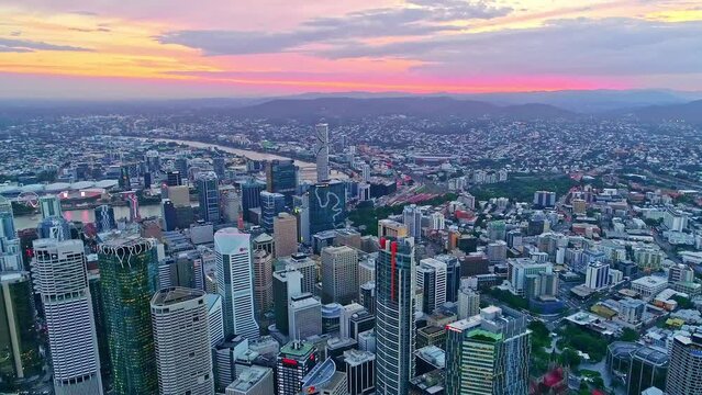 Aerial view of bustling city in Australia in the evening, tall buildings
