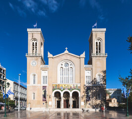 Metropolitan Cathedral of of the Annunciation, Metropolis, Mitropoli facade exterior view, Attica, Athens, Grece, in a summer sunny day with a blue sky, the cathedral church of the Archbishopric