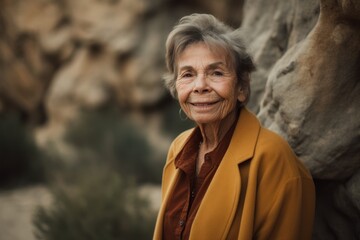 Portrait of an elderly woman in a yellow coat in the desert