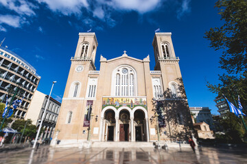 Metropolitan Cathedral of of the Annunciation, Metropolis, Mitropoli facade exterior view, Attica, Athens, Grece, in a summer sunny day with a blue sky, the cathedral church of the Archbishopric