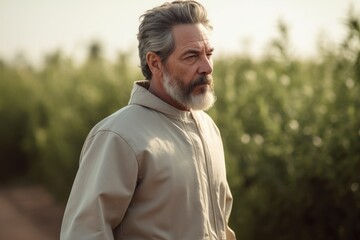 Portrait of a handsome senior man with gray hair and beard in the countryside