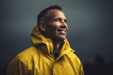 Fototapeta premium Lifestyle portrait photography of a grinning man in his 40s wearing a vibrant raincoat against a dramatic stormy sky background. Generative AI
