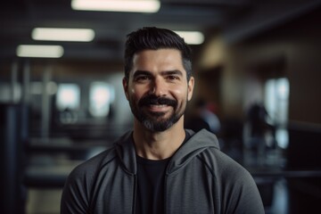 Portrait of handsome man in sportswear smiling at camera in gym