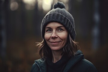 Portrait of a beautiful woman in a hat and a green jacket in the autumn forest