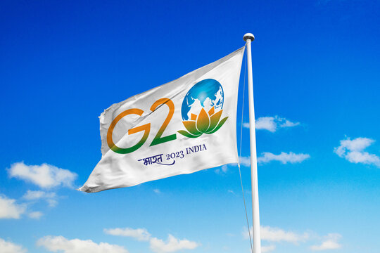 April 21, 2023, Brazil. The 2023 G20 New Delhi summit soon appears on a flag. The G20 summit will meet on September 9-10.