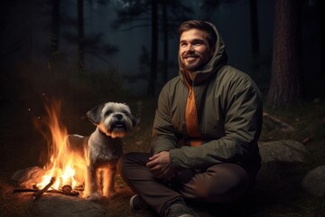 Handsome man with dog sitting near bonfire in forest at night