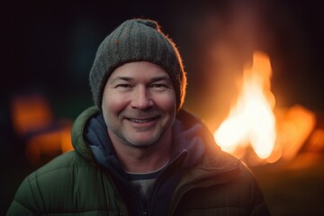 Portrait of a smiling man standing in front of a bonfire