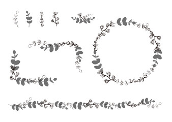 Obraz premium 手描き植物線画モノクロイラストフレームセット＿パーツ