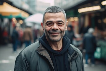 Medium shot portrait photography of a satisfied man in his 40s wearing a comfortable tracksuit against a bustling market or street scene background. Generative AI