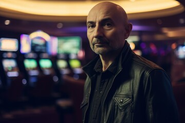 Portrait of a handsome bald man playing slot machine in casino.