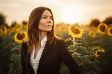 Portrait of a beautiful woman in a field of sunflowers