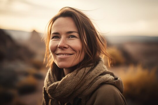 Portrait of a beautiful woman in the desert at sunset. Toned.