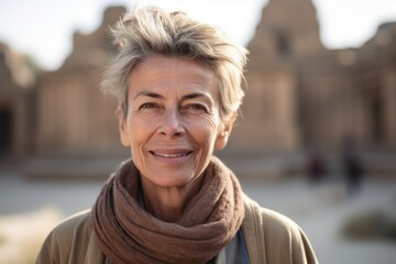 Portrait of smiling mature woman in front of temple in egypt