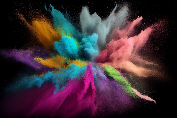 Explosion of colored powder isolated on black background. Abstract colored background. Generative AI