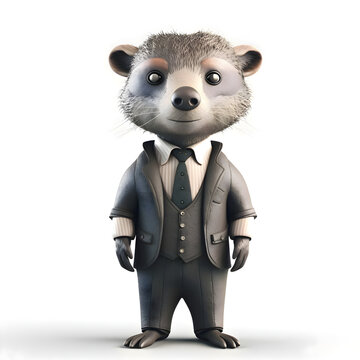 3D rendering of a cute cartoon raccoon in a suit and tie. White background.