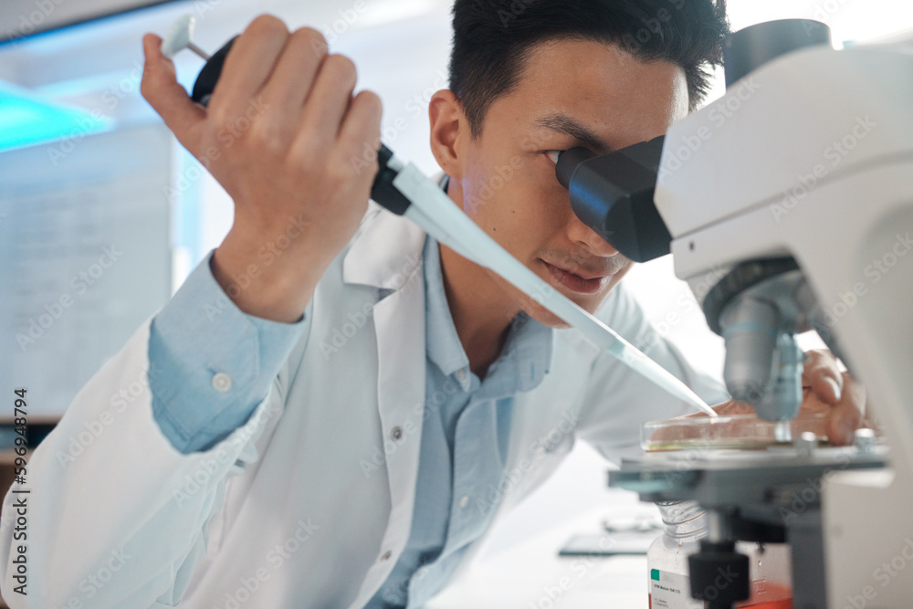 Poster even the slightest twitch could be a problem. shot of a male lab tech filling a petri dish underneat