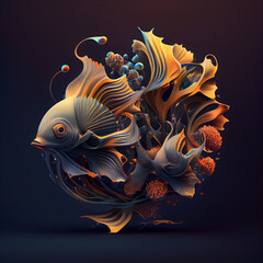 Abstract fish on a dark background. 3d illustration. Vector.
