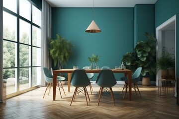 Contemporary luxury dining room with aqua blue walls, wooden furniture, big windows, and fresh plants. Impeccable 3D rendering. Generative AI