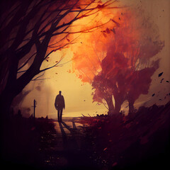 Man walking in the autumn forest. Digital painting. Illustration.