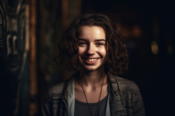 Fototapeta premium Portrait of a beautiful young woman with curly hair, smiling and looking at the camera.