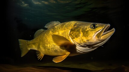 Fototapeta premium A big golden dorado fish looking over water, with volumetric lighting and meticulous details. Shot in precisionism style with a sharpness and strong facial expression.