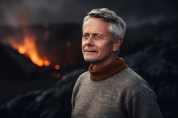 Portrait of a senior man standing in front of a bonfire