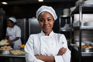 Young African American female chef in white cooking uniform looks at camera, arms crossed and cheerful smile with food professional occupation, in a restaurant kitchen. Generative AI