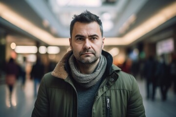 Fototapeta premium Portrait of a man in a coat and scarf in a shopping center