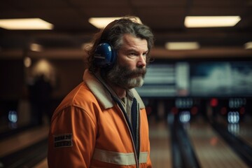 Fototapeta premium Portrait of senior man in orange jacket and headphones standing at the train station