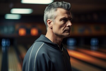 Fototapeta premium Portrait of senior man in sportswear looking away while standing in bowling alley