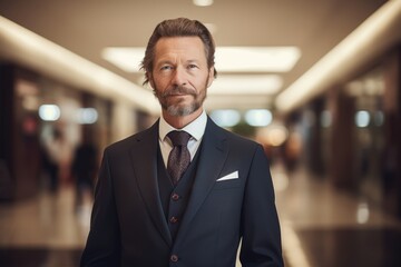 Naklejka premium Portrait of mature businessman in suit looking at camera in office lobby