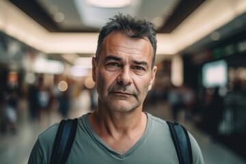 Fototapeta premium Portrait of mature man with backpack looking at camera in shopping mall