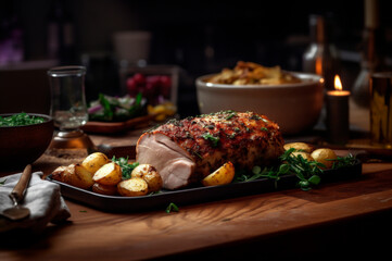 Fototapeta na wymiar Homemade Roast Pork Tenderloin with roasted potatoes, fine herbs and almonds on cutting board. AI generated