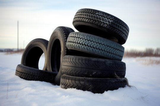 stack of tires on snowy terrain. Generative AI