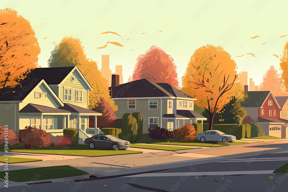 Poster autumn suburban neighborhood painting. generative ai