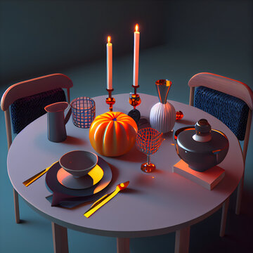 Elegant table setting with candles; vase; plates; cutlery and golden bowl on black background